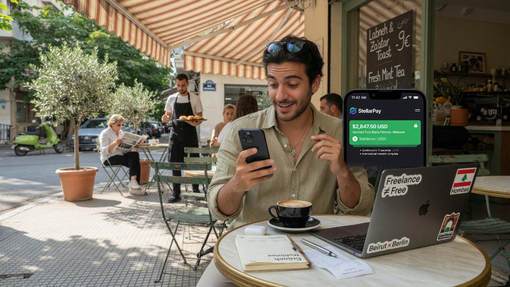 International payment confirmed Freelancer receiving an international USDC payment at a cafe