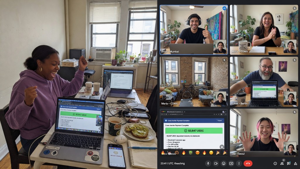 Remote team payment celebration Remote team celebrating a cross-border USDC payment on a video call
