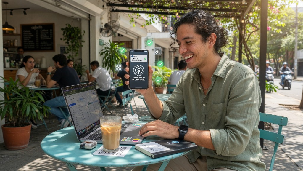 Stablecoin payment confirmed Freelancer celebrating a stablecoin payment confirmation on mobile