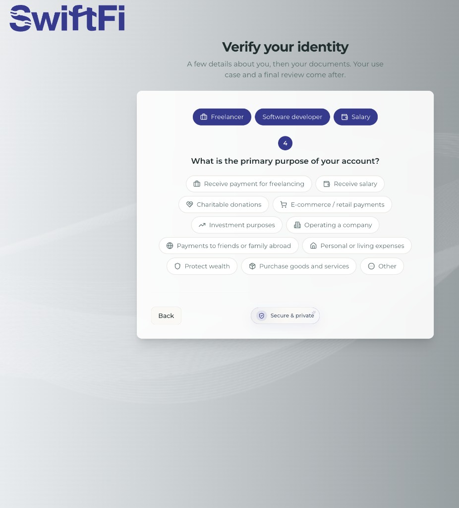 SwiftFi identity verification screen asking for primary account purpose