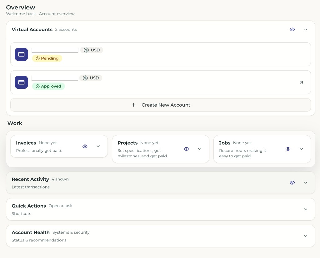 SwiftFi overview dashboard with virtual accounts, work tools, and account health